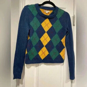 American Eagle Soft Cropped Blue Argyle Crew Neck Pullover Sweater Size XS